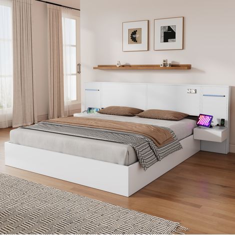 MEUBLIV Lit 180x200 cm blanc – LED, USB et tables de chevet, sans matelas (1/5)