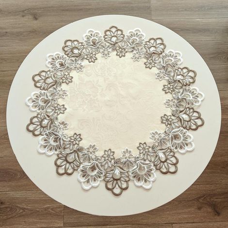 Runde Leinentischdecke mit Spitze 60x60 cm Beige