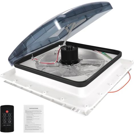 Ventilateur de toit 12 V pour camping-car, trois vitesses, mise à niveau automatique, réversible en permanence, avec manivelle électrique et cache fumé (vis et cache décoratif inclus). (1/5)