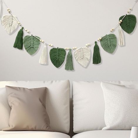 Tenture murale décorative en macramé - Style bohème - Feuilles tissées avec franges - Décoration bohème pour chambre à coucher, salon, chambre d'enfant - Vert (1/5)