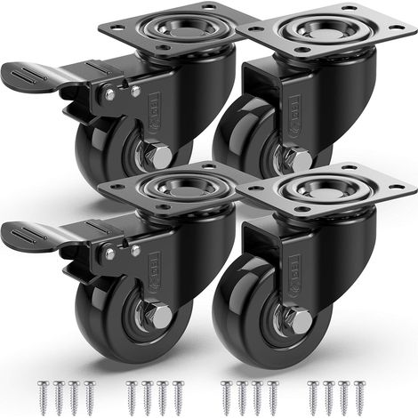 4 Lenkrollen für Möbel, 2 mit Bremsen + Schrauben – 50 mm, bis 200 kg – abriebfeste Rollen für schwere Lasten – Gummiräder für Transportwagen – Schwarz (1/5)