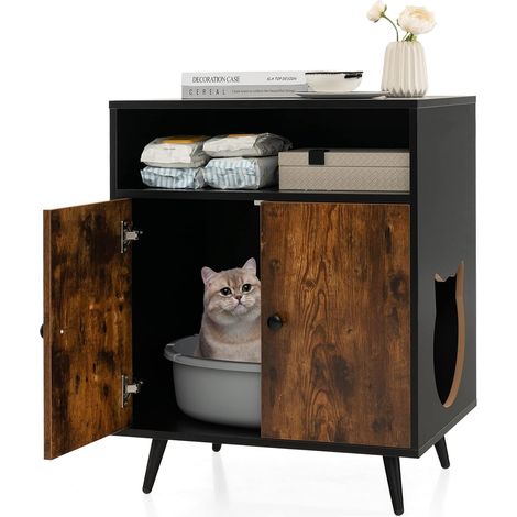 COSTWAY Katzenschrank Katzentoilette, Katzenhaus mit Doppeltüren & Eingang & offenem Regal, Katzenhöhle Katzenklo Schrank, Katzenmöbel Beistelltisch, für Katzen Hunde Haustier, Braun+Schwarz (1/5)