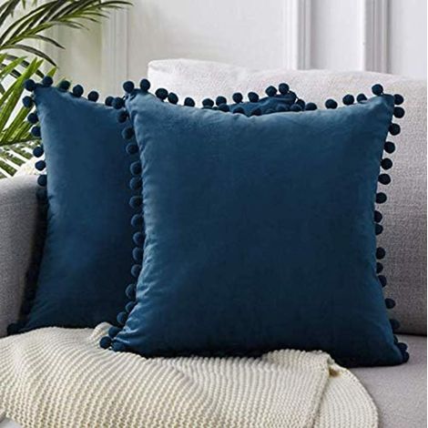 2 Pcs Housse de Coussin en Velours Taie d'oreiller Decorative Taie d'oreiller Boule de Fourrure de Couleur (Marine) (1/5)