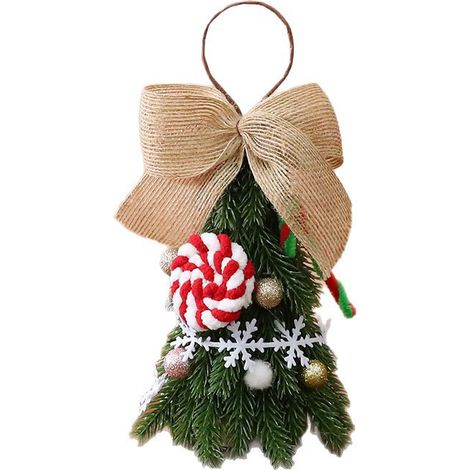 Petit sapin de Noël suspendu 21 cm, nœud jute, décor sucette, boules et flocons de neige (1/2)