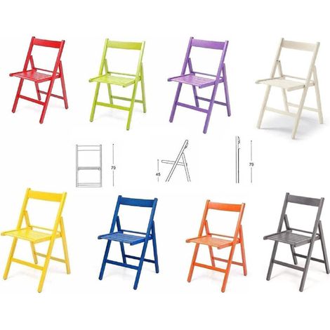 8 Sedie pieghevoli in legno colorate listellare rosso,verde,viola,bianca,gialla,blu,arancio,grigio
