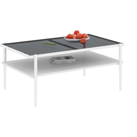 Table de salon rectangulaire en verre trempé gris et blanc, piètement métallique, meuble bas moderne - H45 x L97.5 x P61.5 cm