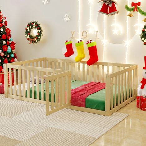 lit chambre enfant sol avec barriere 90x200 bois naturel OKMYHOME (1/5)