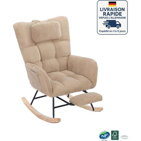 Fauteuil à bascule en velours côtelé - avec pieds en bois massif - Avec coussin de nuque - Dossier haut, accoudoirs rembourrés - Marron (1/5)