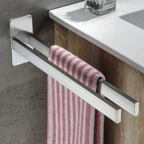 Crediri Toallero cuadrado doble sin taladrar, toallero de pared de acero inoxidable 304, toallero de cocina, toallero autoadhesivo para baño, plateado, 39 cm (1/5)