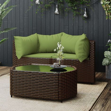 3 pcs Salon de jardin, Ensemble table et chaises de jardin, Meuble de jardin avec coussins marron résine tressée MKW940947 (1/5)