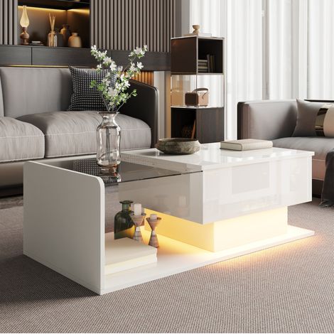 Tavolino sollevabile 100x50x33/47,5 cm bianco lucido con LED e vetro temperato MEUBLIV (1/5)