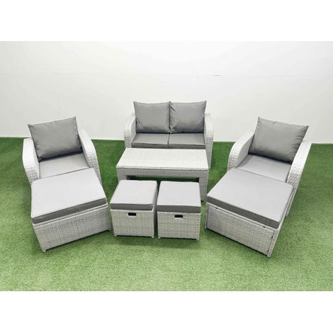 Fimous PE Wicker Rattan Furniture Sets with Oblong Coffee Table Love Sofa Reclining Chair 4 Stools Light Grey Mixed (1/4)