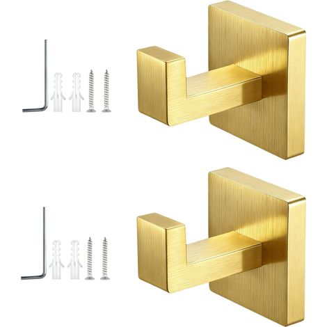 Lot de 2 crochets muraux à percer, patère dorée brossée en acier inoxydable 304, montage caché avec base carrée et outils inclus, pour salle de bain, cuisine, bureau