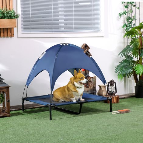 Cuccia per cani con baldacchino, cuccia da esterno, pieghevole, con supporto rialzato, blu + nero
