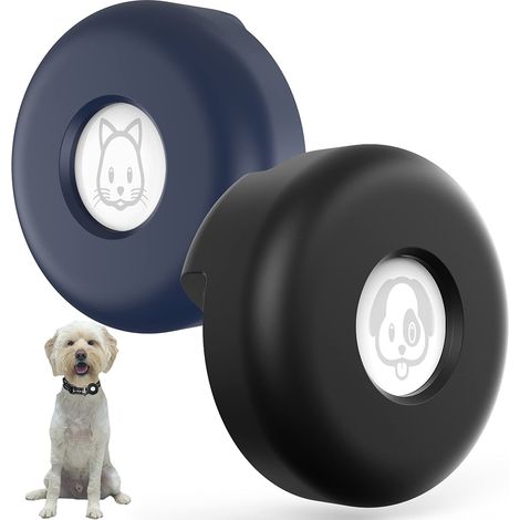 Support de collier pour chien AirTag, [Se glisse sur le collier] [Ne pend pas] Étui de protection compact en silicone pour collier de chat, compatible avec AirTag 2021 (2 pièces, noir et bleu foncé)