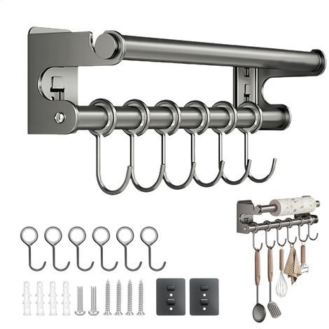 Barre Ustensiles Cuisine Murale, Porte Sopalin, Crochet Cuisine, Porte Essuie Tout Mural avec 6 Crochets, Attache Torchon Cuisine Perçable, Porte Sopalin Mural Cuisine Gain de Place, 30cm, Gris