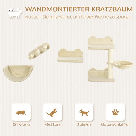 Set d'escalade pour chats 4 pièces, avec échelle, hamac, plateforme et griffoir, couleur beige (1/5)