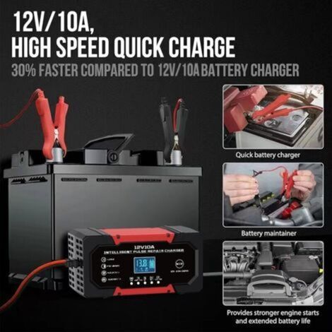 Chargeur de batterie pour voiture 12 volts 10 ampères Couleur jaune Pour batterie plomb acide Entretien et recharge