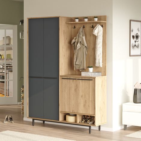 Garderobenschrank Tignale, 12 Fächer, Kleiderhaken, 4 Türen, 147x36x196 cm Anthrazit Schwarz (1/5)