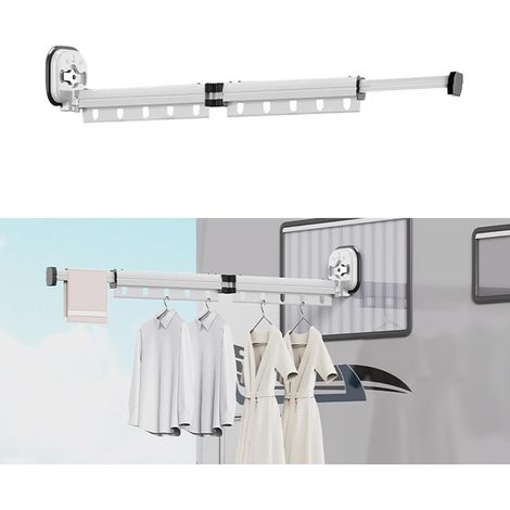 Wäscheständer, ausziehbar, zur Wandmontage, mit Saugnapf, ausziehbar, faltbar, mit Haken und Handtuchhalter, für Balkon, Wäscherei, Badezimmer, Schlafzimmer, milchig weiß,