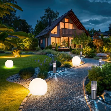 Solarkugel Außenlampe mit Erdspieß LED Gartenlampe Solarleuchte Gartendeko Kugellampe, Edelstahl Kunststoff silber weiß, warmweiß, 7er Set