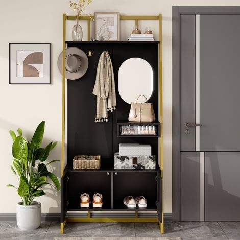 Vestiaire d'Entrée Multifonction Noir 78 cm avec Miroir, Porte-Manteau et Banc, Armoire de Rangement Industrielle Compacte (1/5)