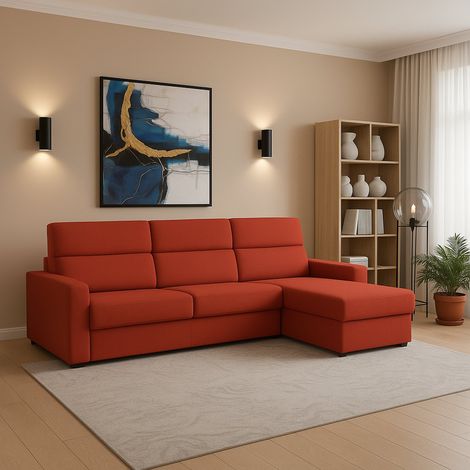 Dmora - Sofá fijo con península Vigonovo, Sofá esquinero para salón, acolchado, desenfundable, calidad 100% Made in Italy, 280x160 h100 cm, Naranja (1/5)