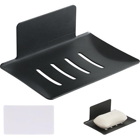 Porte-savon noir (1 pièce) – Robuste et durable, sans perçage, avec base auto-adhésive, idéal pour la douche (12,2 x 8,2 cm, acier au carbone, noir) – Rangement pour savon hygiénique (1/5)