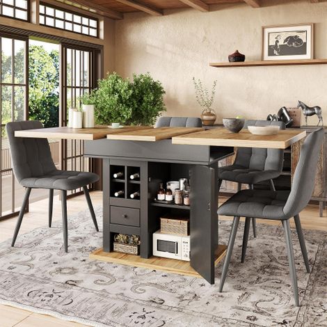 Table à manger télescopique 110-140x80 cm extensible avec tiroirs et porte-bouteilles, design gain de place pour 4-6 personnes, pour cuisine et salon (1/5)
