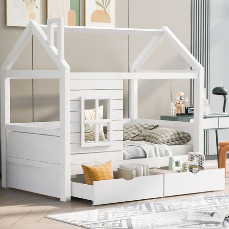 Letto a casetta bambini 80x160 cm a forma di casa con finestra, 2 cassetti e rete a doghe, in legno bianco, materasso non incluso (1/5)