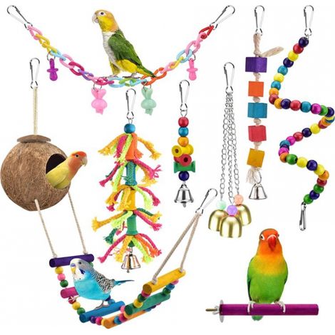 Jouet pour oiseaux : balançoire à mâcher suspendue en forme d'échelle, jouet en noix de coco pour cage à oiseaux (cacatoès, conures, pinsons, perroquets, inséparables). (1/2)