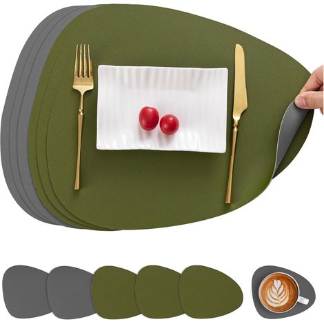 Set de table double face antidérapant, lavable et imperméable, lot de 6 en gris vert. (1/5)