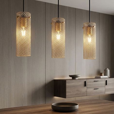 Suspension Lampe de salle à manger à 3 ampoules Or Métal Verre H 120 cm (1/5)