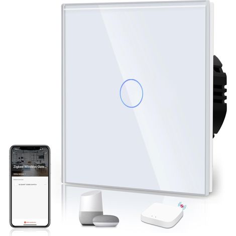 Interrupteur Tactile Zigbee, Interrupteur Connecté, Panneau en VERRE, Contrôle Vocal, Passerelle Zigbee Requise (non incluse), 1 Gang 1 Voie, Blanc (1/5)