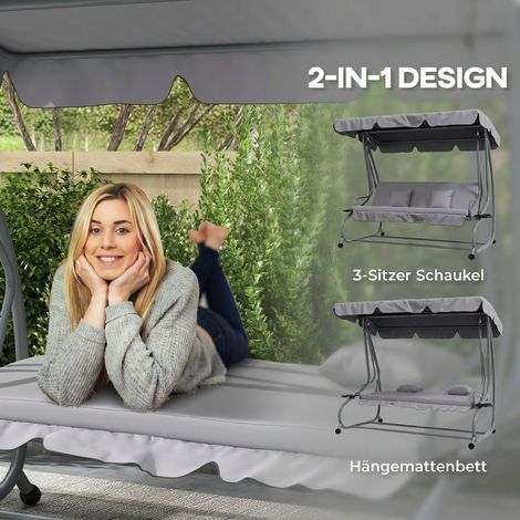 Balançoire Hollywood 2-en-1 avec fonction transat, toit ajustable, capacité 340 kg, acier, 200x120x164 cm, gris (1/5)