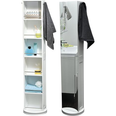 Madeinnature – Colonne de salle de bain pivotante 169.5 cm – 6 étagères – 2 miroirs – 2 patères – Bois MDF finition blanche (1/5)