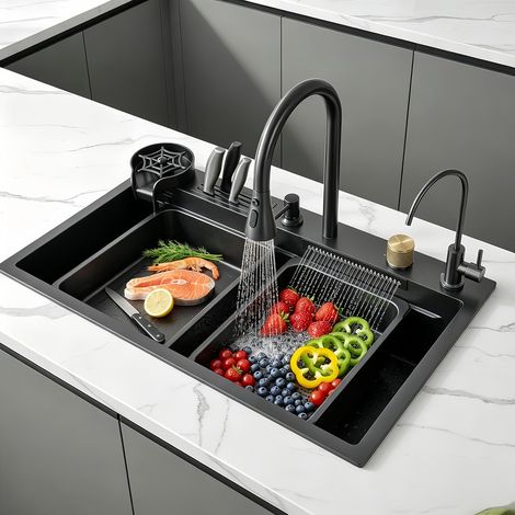 Fregadero de cocina multifuncional de acero inoxidable, tipo cascada (75x45x22cm) Equipado con grifo extraíble, lavavasos, soporte para cuchillos, cesta escurridora, bandeja de drenaje, etc. (1/5)