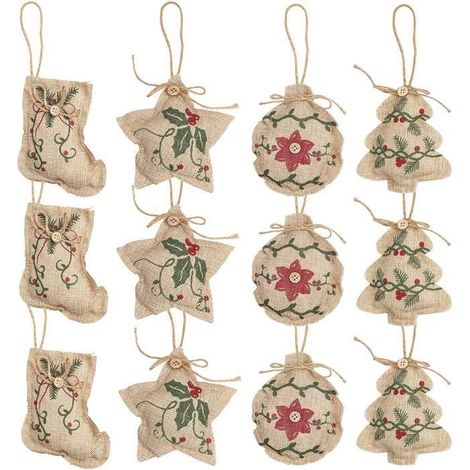 Jute-Weihnachtsbaum-Dekoration – 12-teilig – Kugeln und Sterne – Rot und Grün – 12 cm