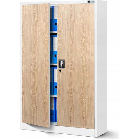 Armoire de Bureau Métallique C001K 3 Etagères Tôle d'acier Portes Battantes Verrouillable 140 cm x 90 cm x 40 cm Blanc/Imitation Bois (1/5)