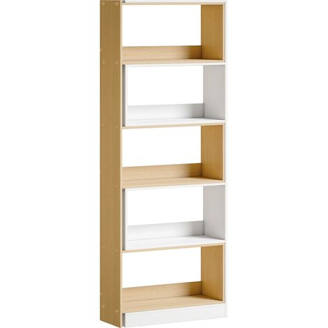CHICFURN Bibliothèque d'angle modulable 5 étagères ouverte blanc et bois clair, meuble de rangement extensible en L ou droit, séparateur de pièce pour salon bureau (1/5)
