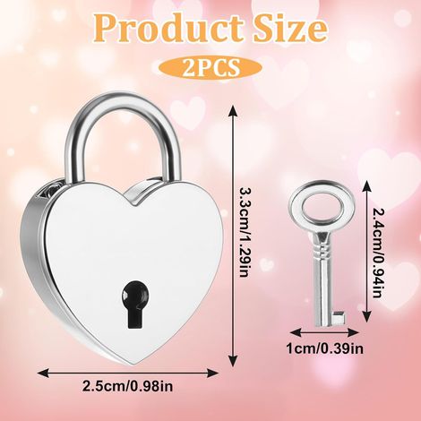 2 pezzi Mini lucchetto a forma di cuore vintage con chiave a forma di cuore per armadio, scatola portagioie, diario, cassetto (argento) (1/4)