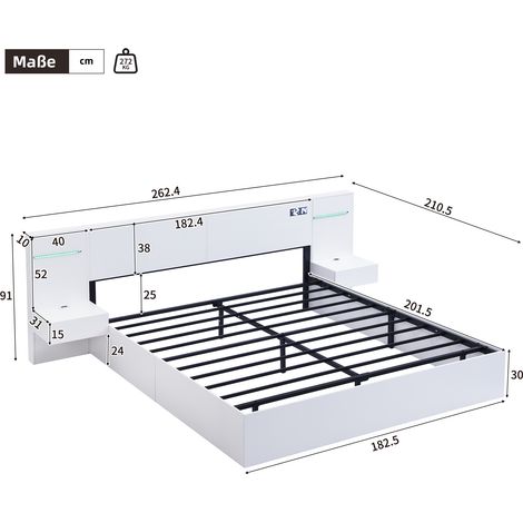 Lit double 180x200 cm, cadre en bois blanc, avec port USB, horloge électronique, enceinte Bluetooth, bande lumineuse LED, sommier intégré, 2 tables de chevet (sans tiroirs), matelas non inclus. (1/5)