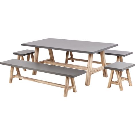 Conjunto de jardín de hormigón fibrocemento madera de acacia mesa de comedor 2 bancos 2 taburetes gris Tonnare
