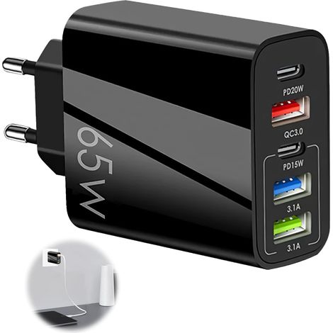 Chargeur USB C 65W 5 Ports Prise Chargeur USB Multiple Chargeur Rapide avec Double QC 3.0+PD 3.1A Type C Fast Charger Universel Secteur Adaptateur pour iPhone 15 14 13 12 11 Pro Max Samsung (1/5)