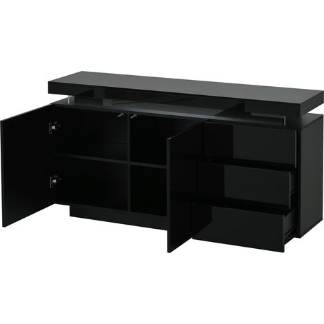 Aparador moderno negro brillante con LED, 2 puertas y 3 cajones, 140 x 35 x 72,5 cm MODENUIT (1/5)