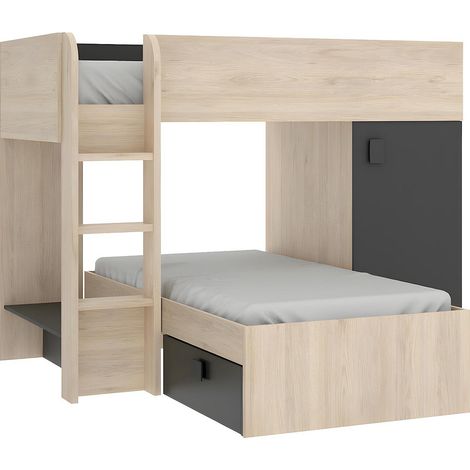 Letto a castello ad angolo reversibile Vani portaoggetti integrati 2 x 90 x 190 cm - Rovere e Antracite - RICARDO (1/4)