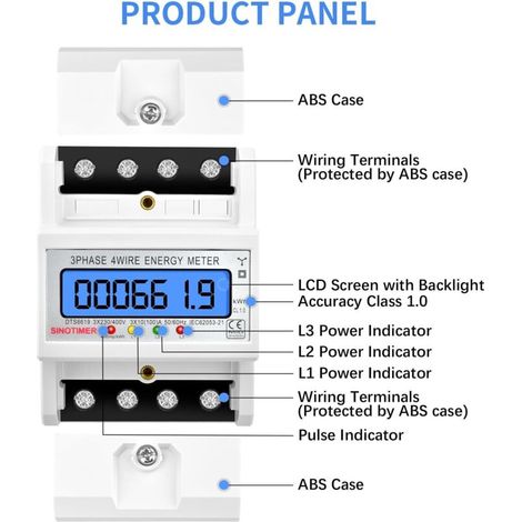 Compteur électrique triphasé à 4 fils, compteur electrique consommation, Certifié MID - 3 x 230v/400v, 50/60hz, 3 x 10(100) A, 400 Imp/kwh Affichage LCD (1/4)