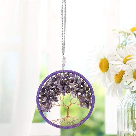 Lila Lebensbaum-Chakren, großer Lebensbaum, dekorativer Hängeanhänger, zerkleinerter Stein + Legierung, Lebensbaum-Ornament, Traumfänger-Dekoration für Wand, Fenster, Auto, Garten (11 cm)