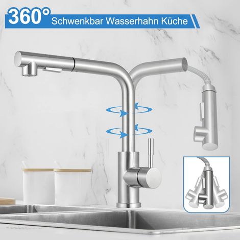 Robinet de Cuisine Basse Pression Extensible, Robinet de Cuisine Pivotant à 360° Basse Pression, Robinet de Cuisine Basse Pression avec 2 Types de Pulvérisation, Acier Inoxydable Brossé (1/4)