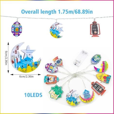 Ramadan String Lights, 10 LED Battery Operated Star and Moon Lights, Ramadan Light Decorations, Eid Mubarak Decoration, Colorful LED Muslim String Lights for Outdoor Party (1/5)